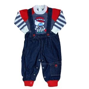 Vintage 90s Train Conductor Bear Overall Sweater Set Baby 12mo